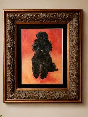 Mid-Century Modern Style Black Toy Poodle Painting on Board in Ornate Frame
